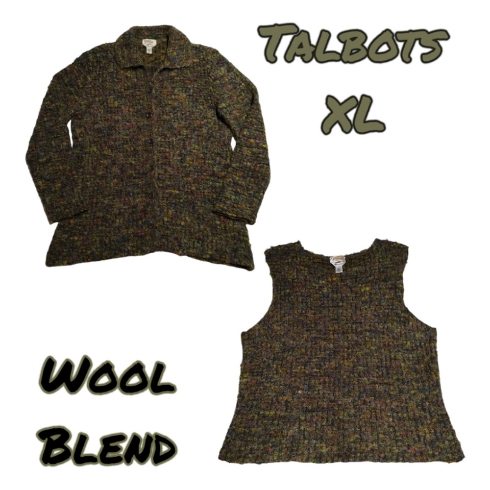 Talbots Green Chunky Knit Wool Mohair Shell & Cardigan XL